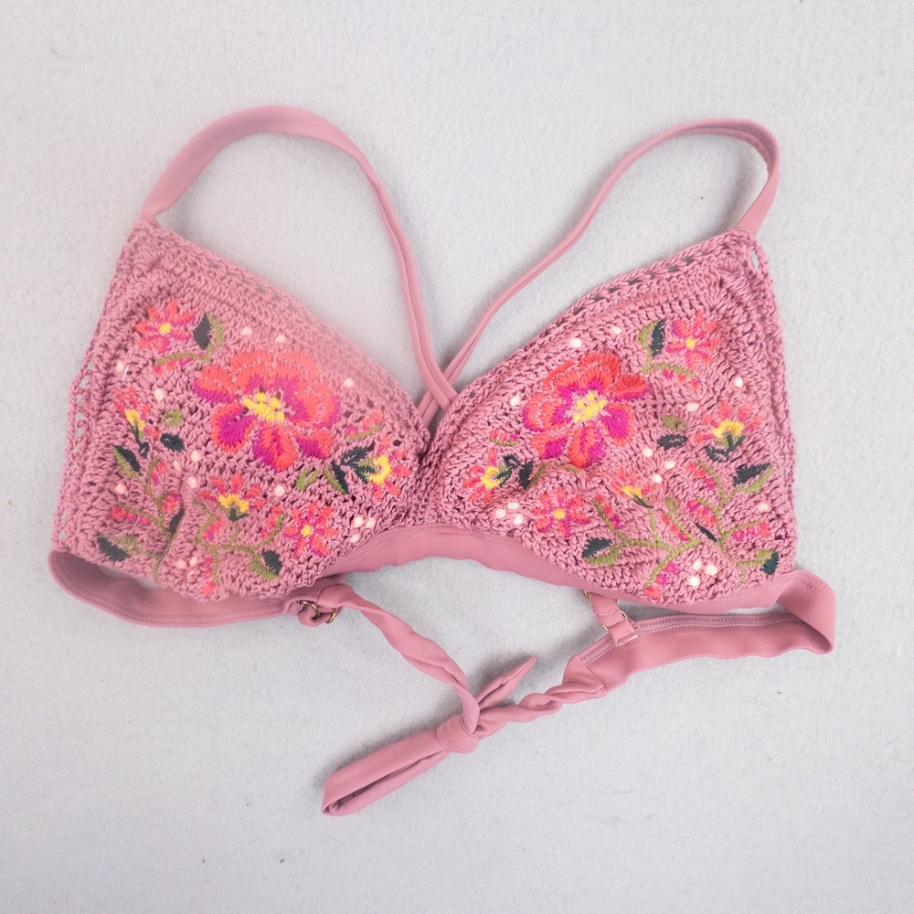 Mauve Pink Crochet Bikini Top Floral Embroidered Boho Triangle Swim Top